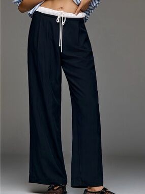 Anthropologie blue Wide Drawstring Trousers with White Waist